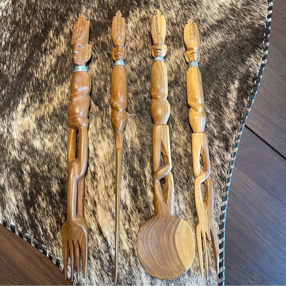 Vintage MCM Hand Carved Tribal Serving Utensil Set
